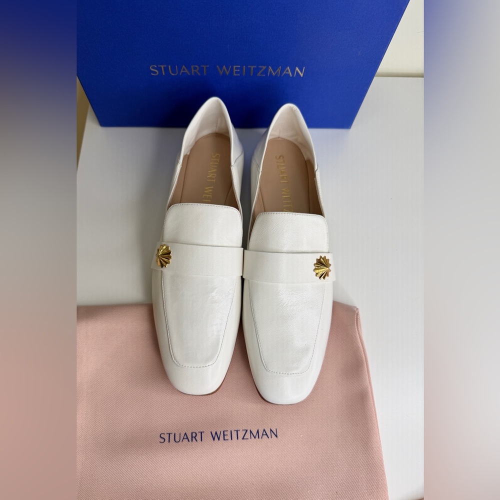 Stuart Weitzman Wylie Star Flat Cream Women 9.5W Leather Apron Toe New $375